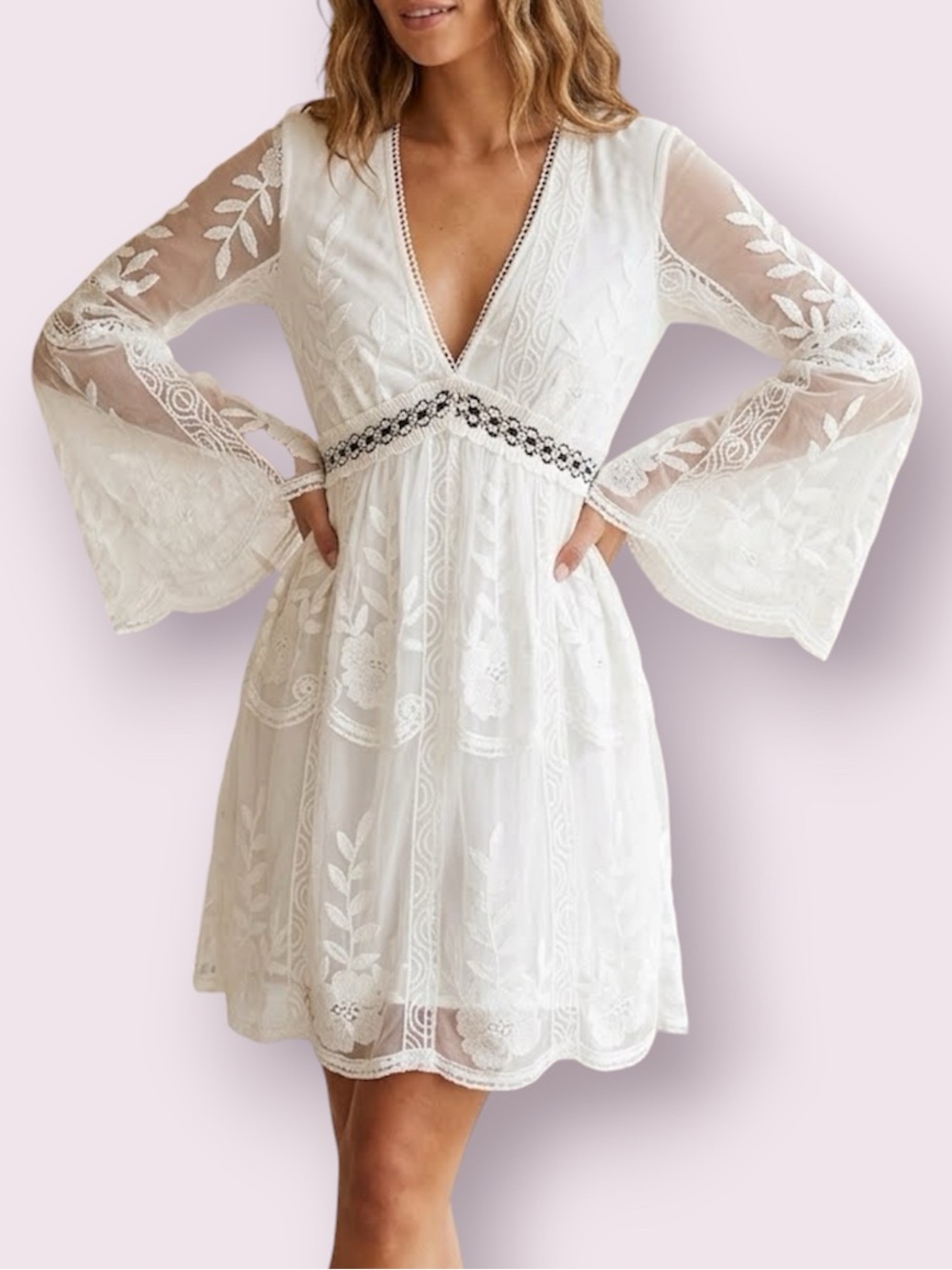Southern Fried Chics White Lace Embroidered Mini Dress Bell Sleeve Size Large